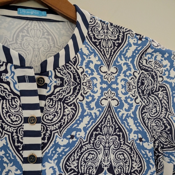 J. McLaughlin Catalina Cloth Tunic Top WOMEN'S S Biscayne Damask White Navy - Picture 5 of 15